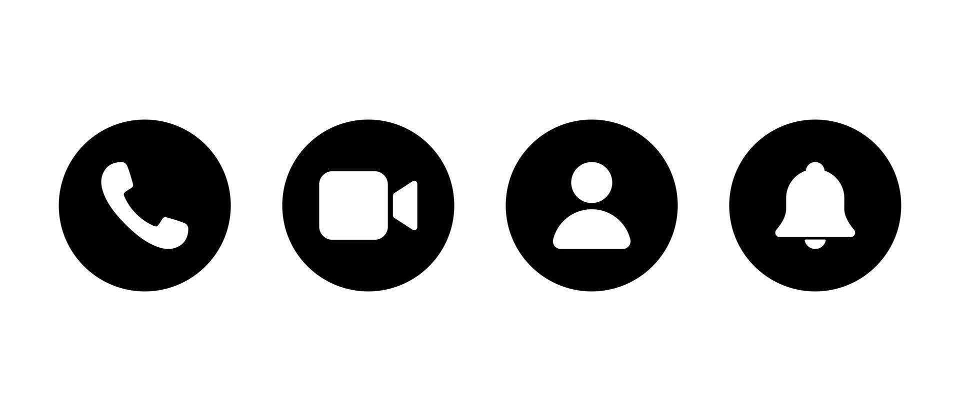Phone call, camera, user profile, and notification bell icon in black circle. Social media communication ui symbol vector