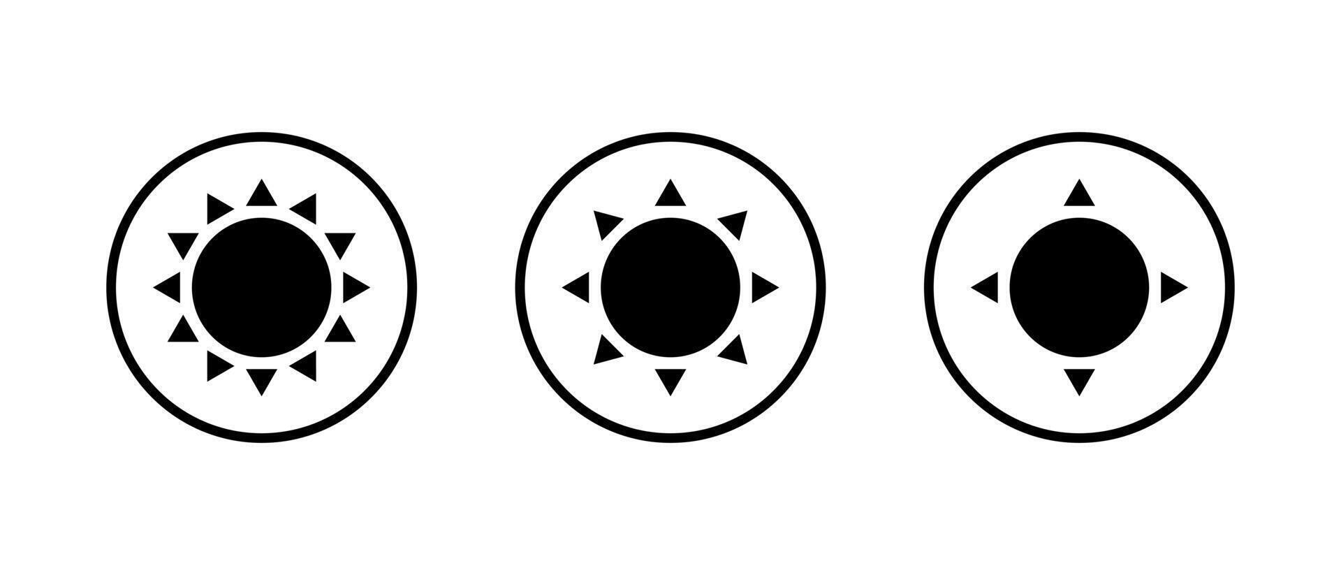 Sun icon set in circular outline. Weather and brightness symbol vector