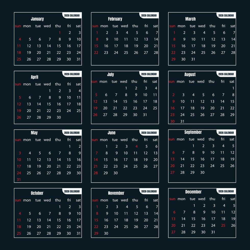 A complete year calendar displayed in a grid of twelve monthly pages vector
