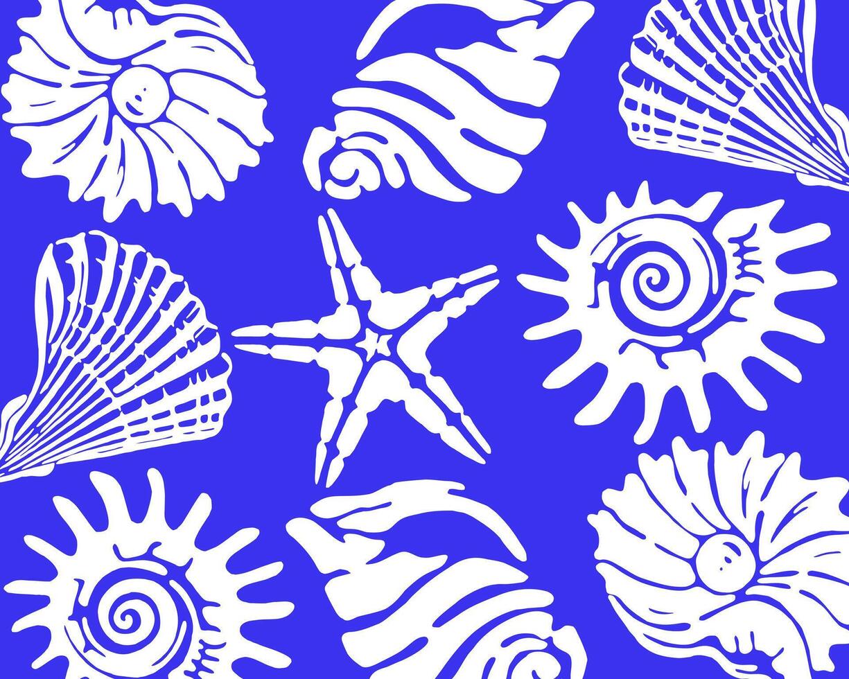 Marine life Sea Shells and Starfish nautical Pattern background editable, An artistic arrangement of various sea shells and starfish, inviting viewers to delve into the depths of the ocean. vector