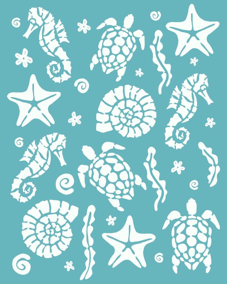 Marine Life Pattern background editable, An artistic pattern featuring charming sea creatures like seahorses, turtles, and starfish creates a delightful visual tapestry. vector