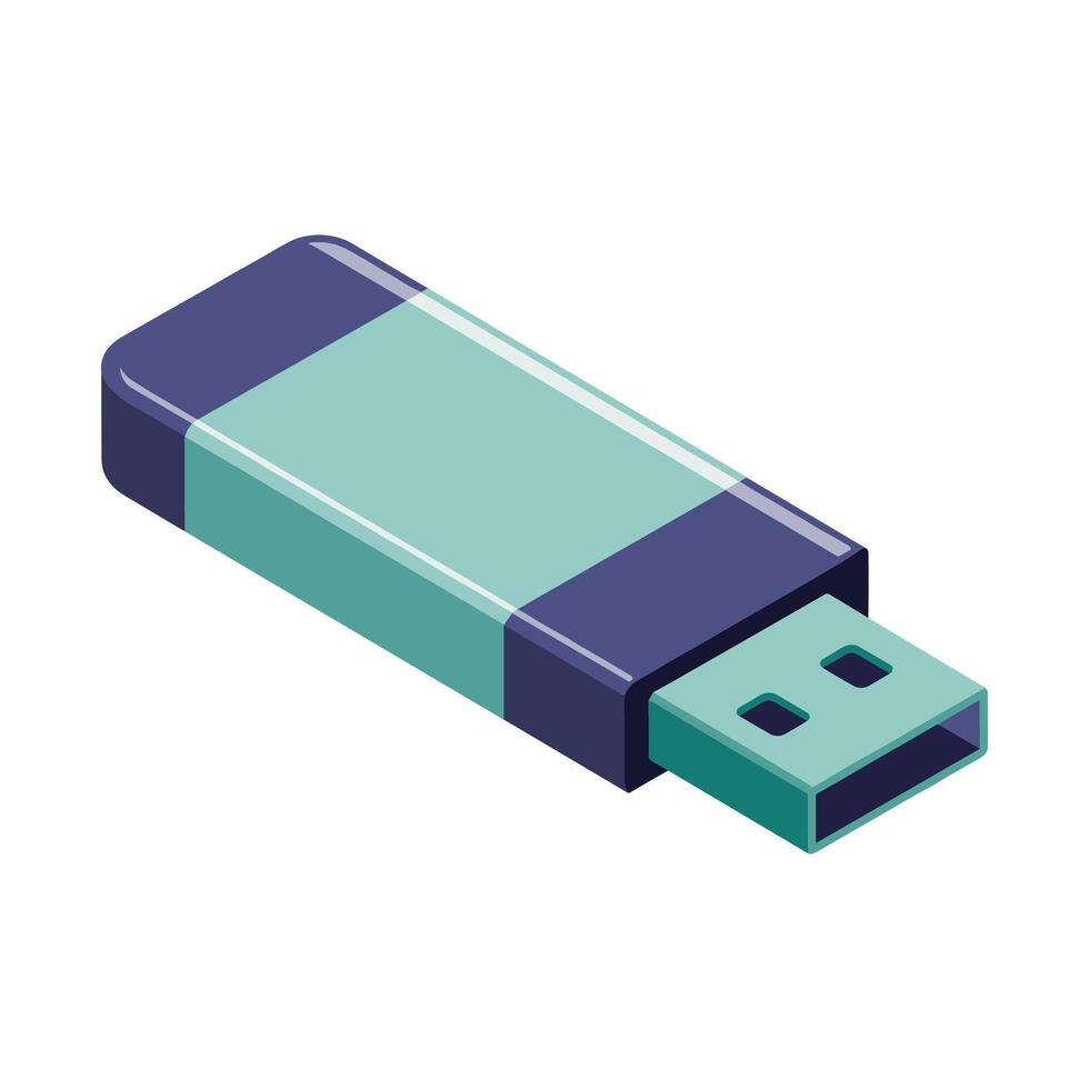 Isometric view of a teal and dark blue U S B flash drive with a white background USB flash drive storage device vector