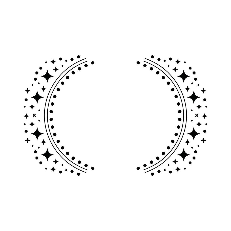 Black crescent moon shapes with starbursts and dots on white background abstract circle vector