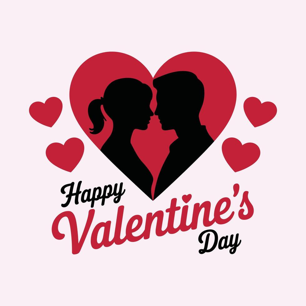 Silhouette couple profile faces touching noses inside a large red heart with smaller red hearts and Happy Valentines Day text vector