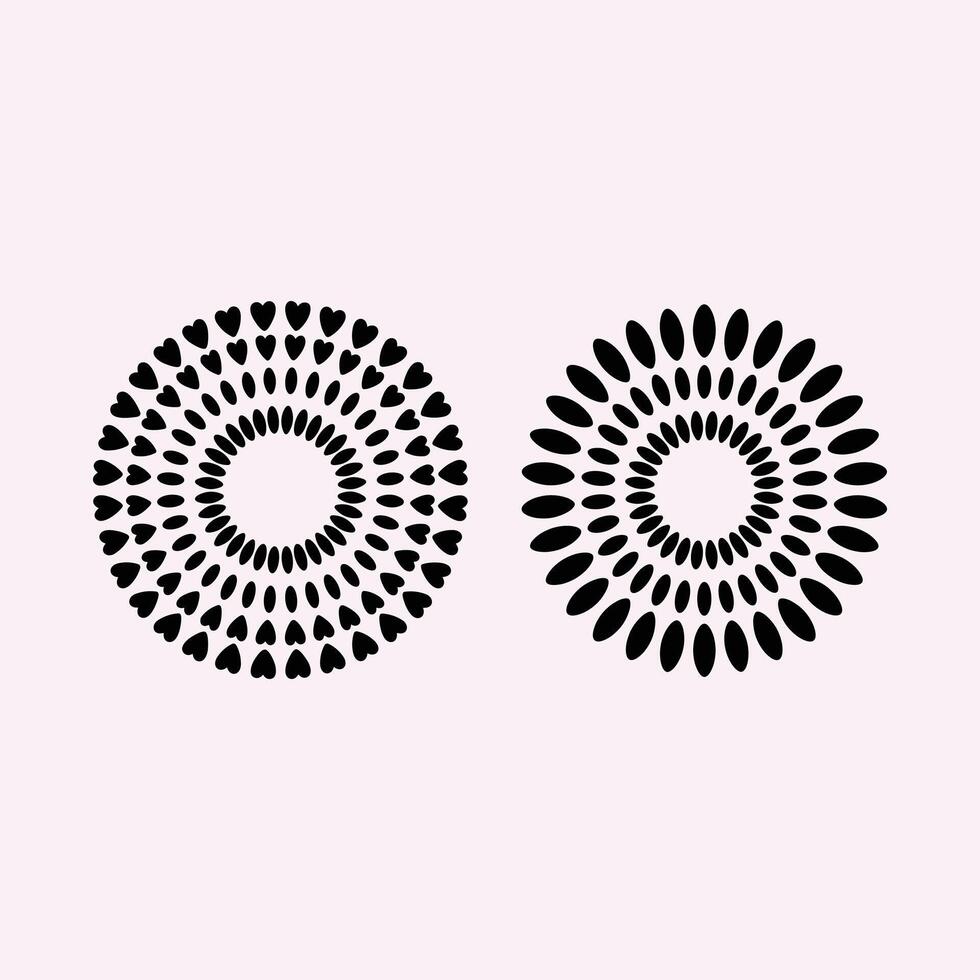 Two black circular abstract patterns one with hearts one with oval shapes on a pale pink background radial vector
