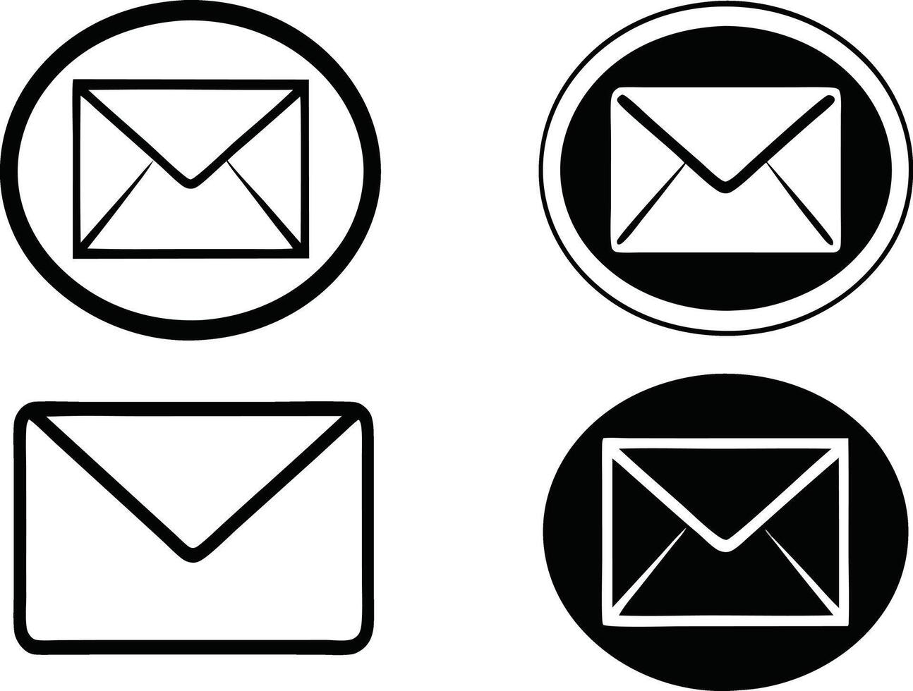 Email icons displaying messages in black and white circles and rectangles conveying communication vector