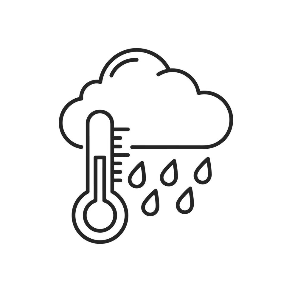Outline icon representing rainy weather with a thermometer showing temperature vector
