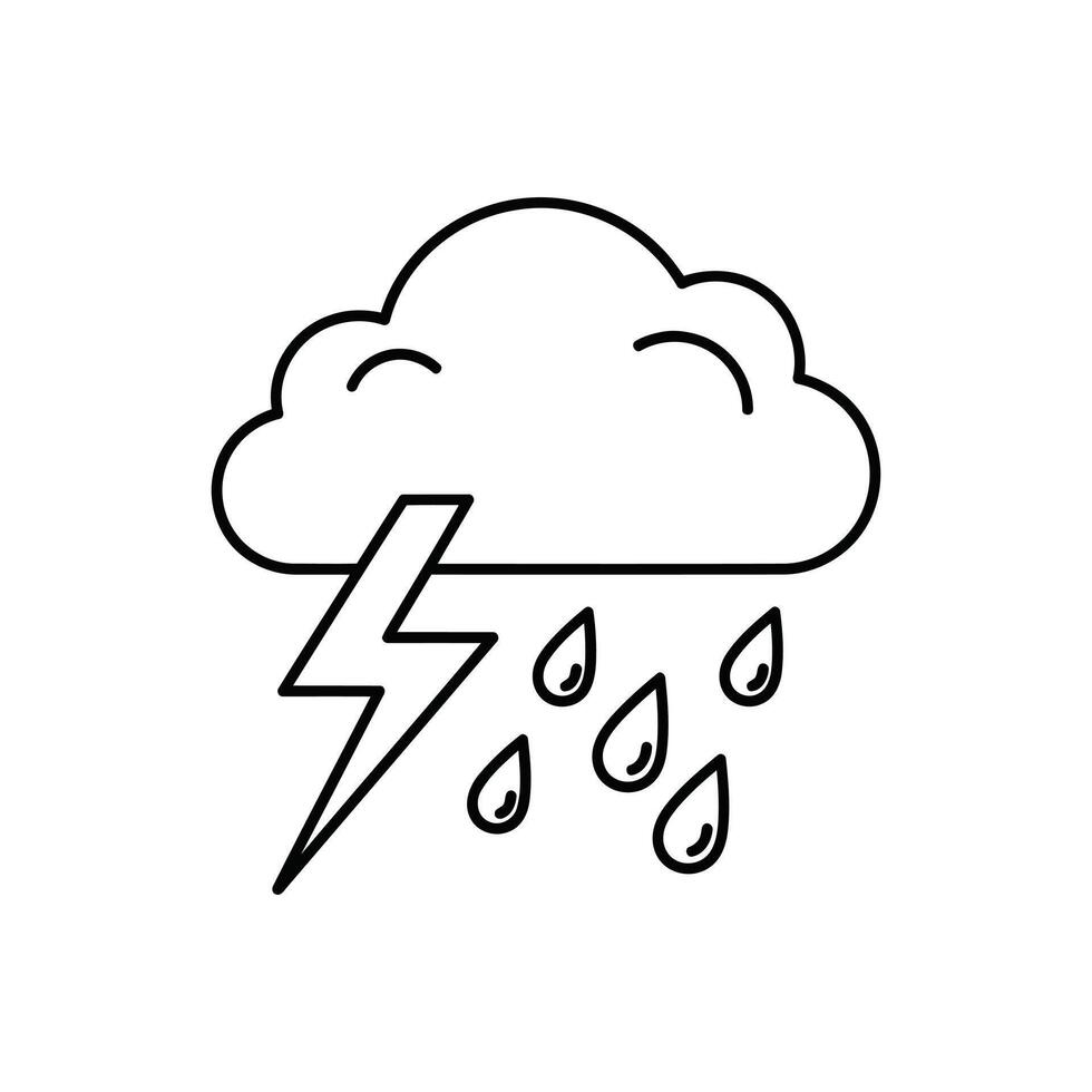 Simple line icon depicting a cloud with lightning bolt and falling rain drops vector