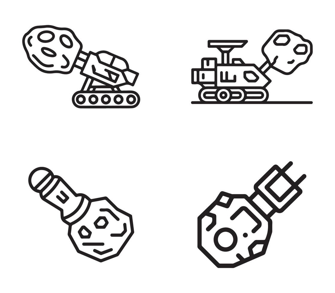 Futuristic asteroid mining machine outline with industrial elements and space exploration silhouette vector