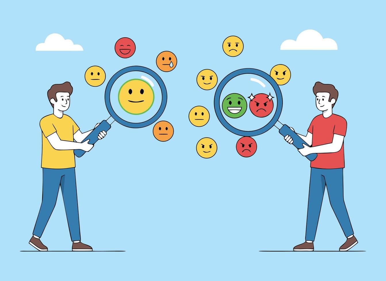 Two men evaluating customer feedback and sentiment using emojis. vector