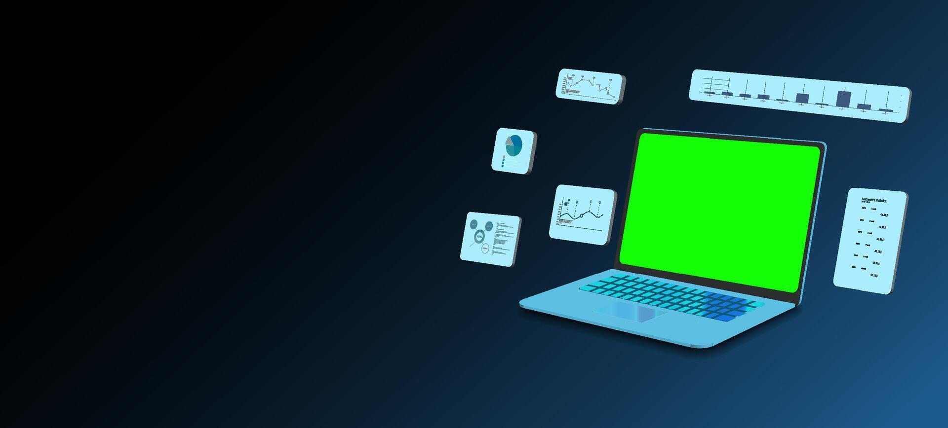 Digital workspace with laptop displaying green screen and data charts for analysis and visualization at a modern office setting vector