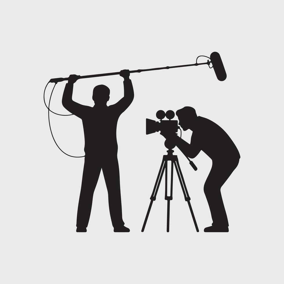 two men are standing in front of a camera and a tripod vector