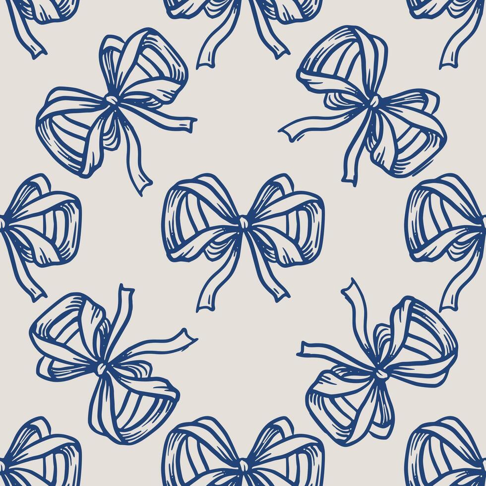 Bow ribbon seamless pattern in doodle sketch style with hand drawn line art. Blue on light creates a romantic look. Good for card and holiday background. Perfect for simple fabric print ideas. vector