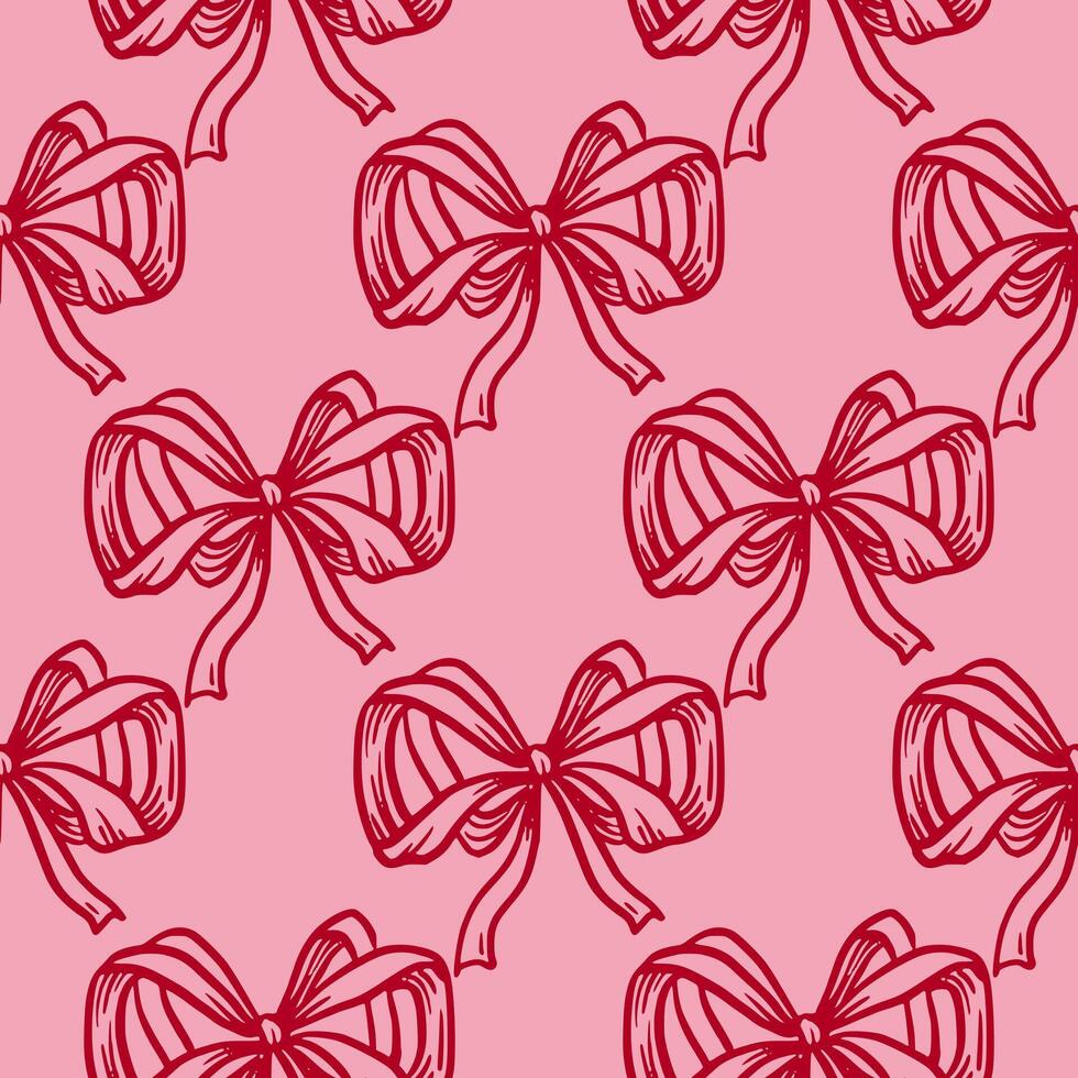 Bow ribbon seamless pattern in doodle sketch style with hand draw outline. Red on pink creates a cute romantic look. Good for card and holiday background. Perfect for simple fabric print ideas. vector