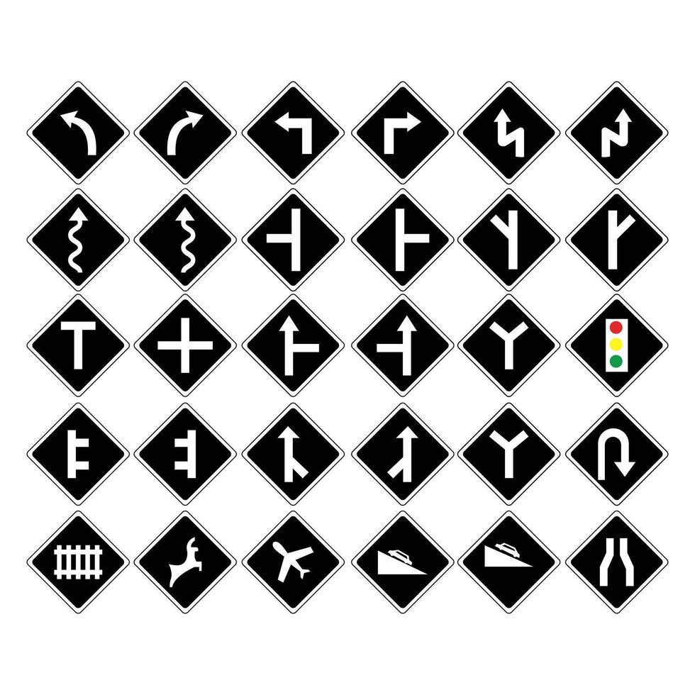 Set of black road warning signs with various arrows, intersections, and traffic symbols in a diamond shape vector