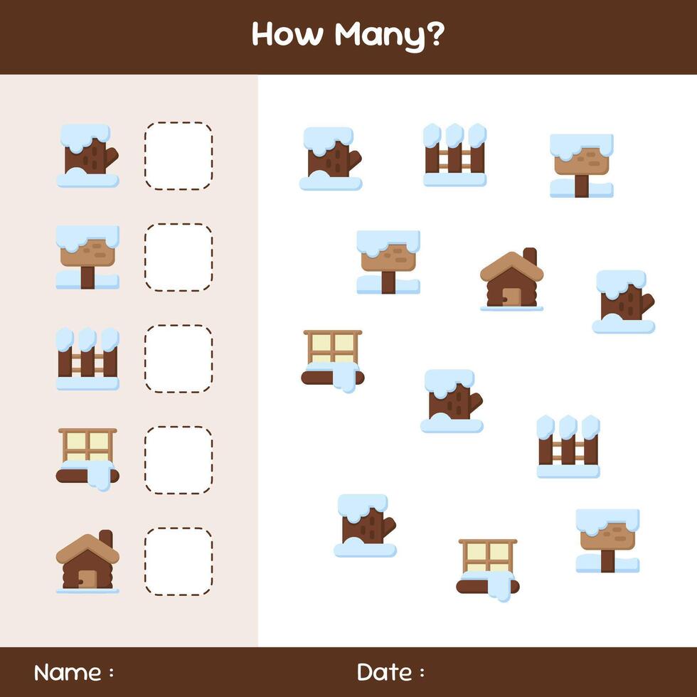 Count how many objects. Counting game on winter theme. Educational mathematical game. Counting game for children. Template for how many vector