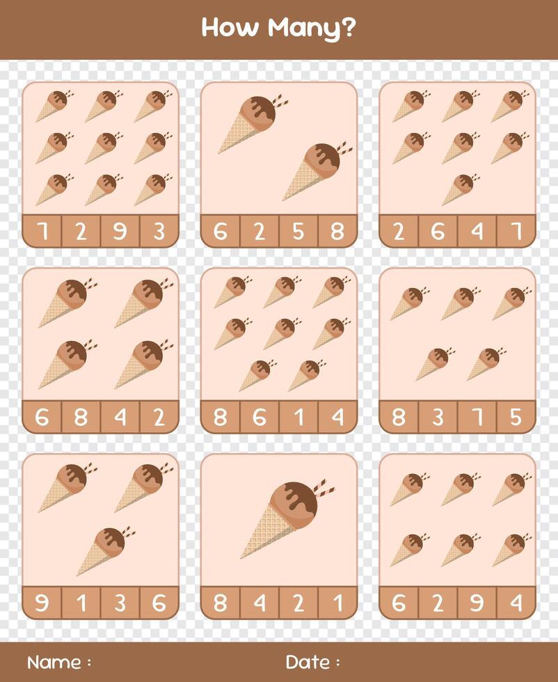 Count the number of ice creams. Educational mathematical game. Counting game for children. Kids activity sheet. Templates for how many, vector