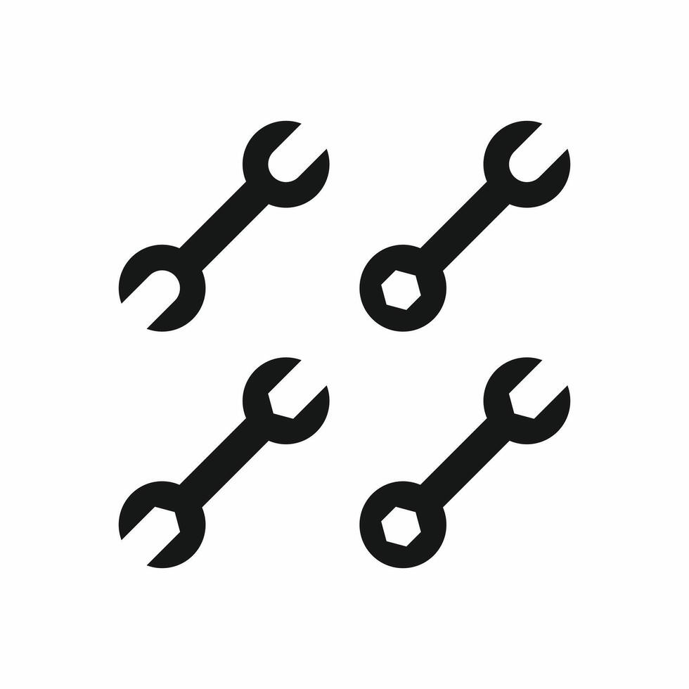 Black and white icon set of four basic wrenches, including open-end and combination spanners. Ideal for repair, mechanics, settings, and tool concepts vector