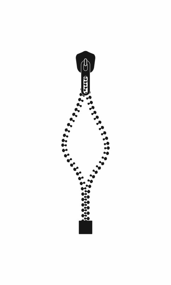 Illustration of a partially unzipped black and white zipper with a pull tab. Simple monochrome open zipper graphic icon on a white background for clothing design vector