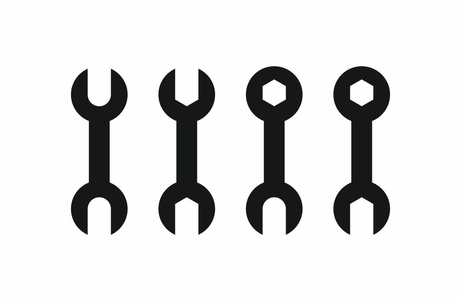 Wrench tool icon set. Minimalist black spanner symbols for setting, service, and repair applications. Black silhouette spanner and tool icons vector