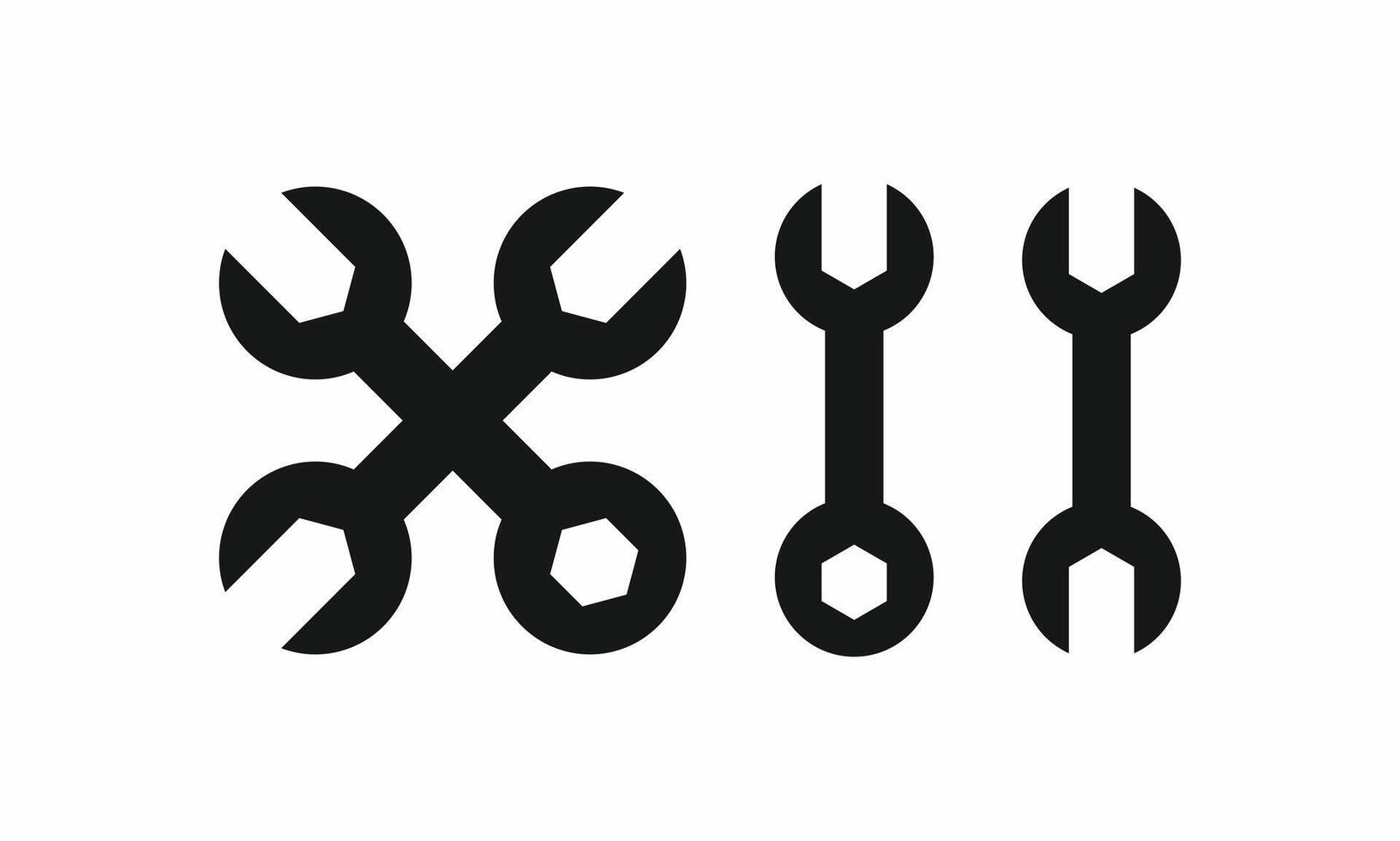 Icon set featuring crossed and parallel open-end wrenches and combination spanners. Perfect for technical support, construction, engineering, tools, and repair service graphics vector