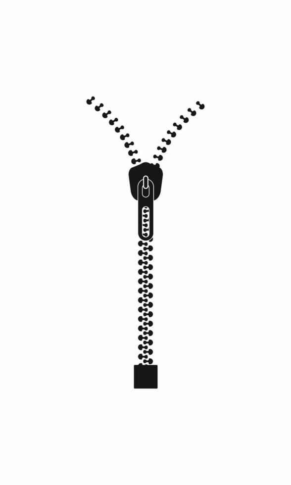 Black and white illustration of a partially open zipper with the slider at the top vector