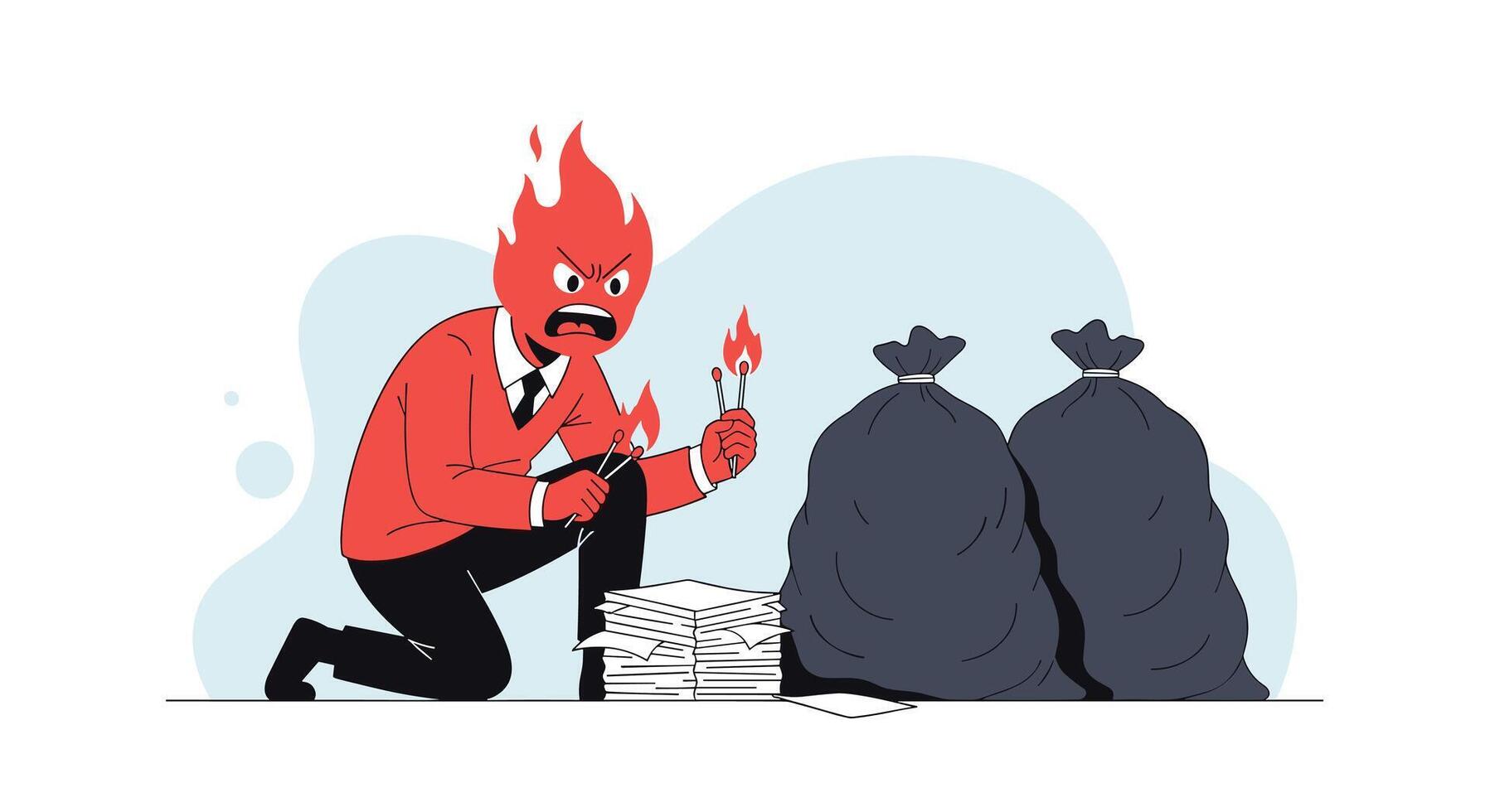 Angry businessman with a flaming head about to burn a stack of paperwork next to trash bags representing burnout. vector