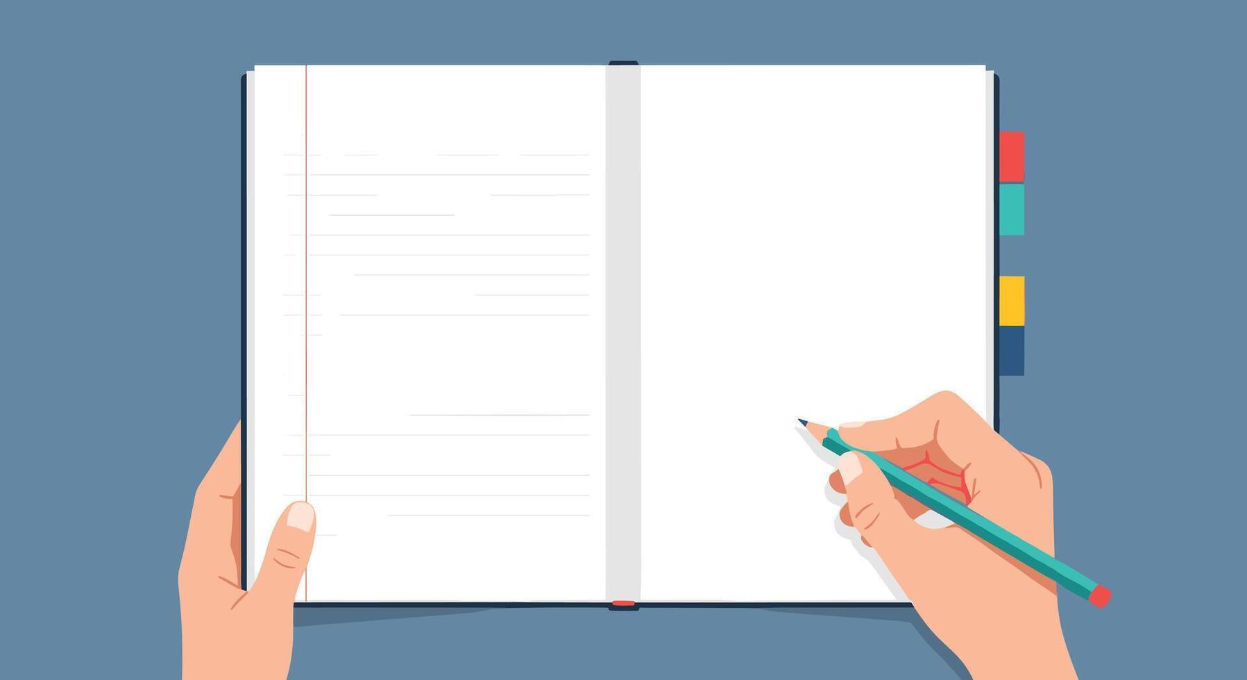 A top view illustration of a person's hands holding an open notebook and writing or drawing with a pencil on a completely blank page. vector