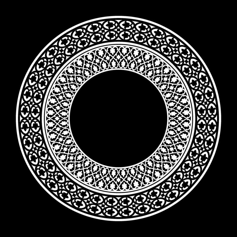 White, intricate circular frame on a black background. The design features multiple layers of repeating, ornate geometric patterns with floral, heart-like motifs. Decorative round frame. vector