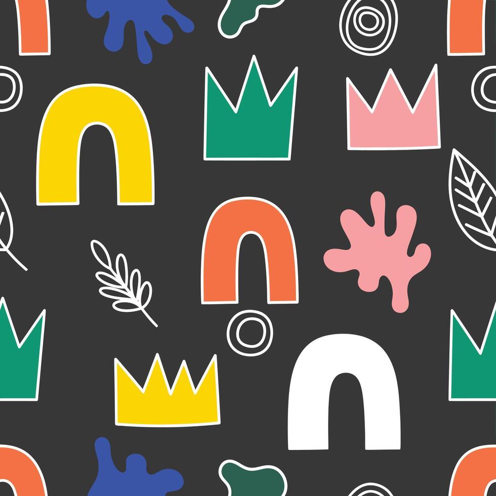 Seamless Memphis Abstract Pattern with Crowns, Arches, and Bright Shapes vector