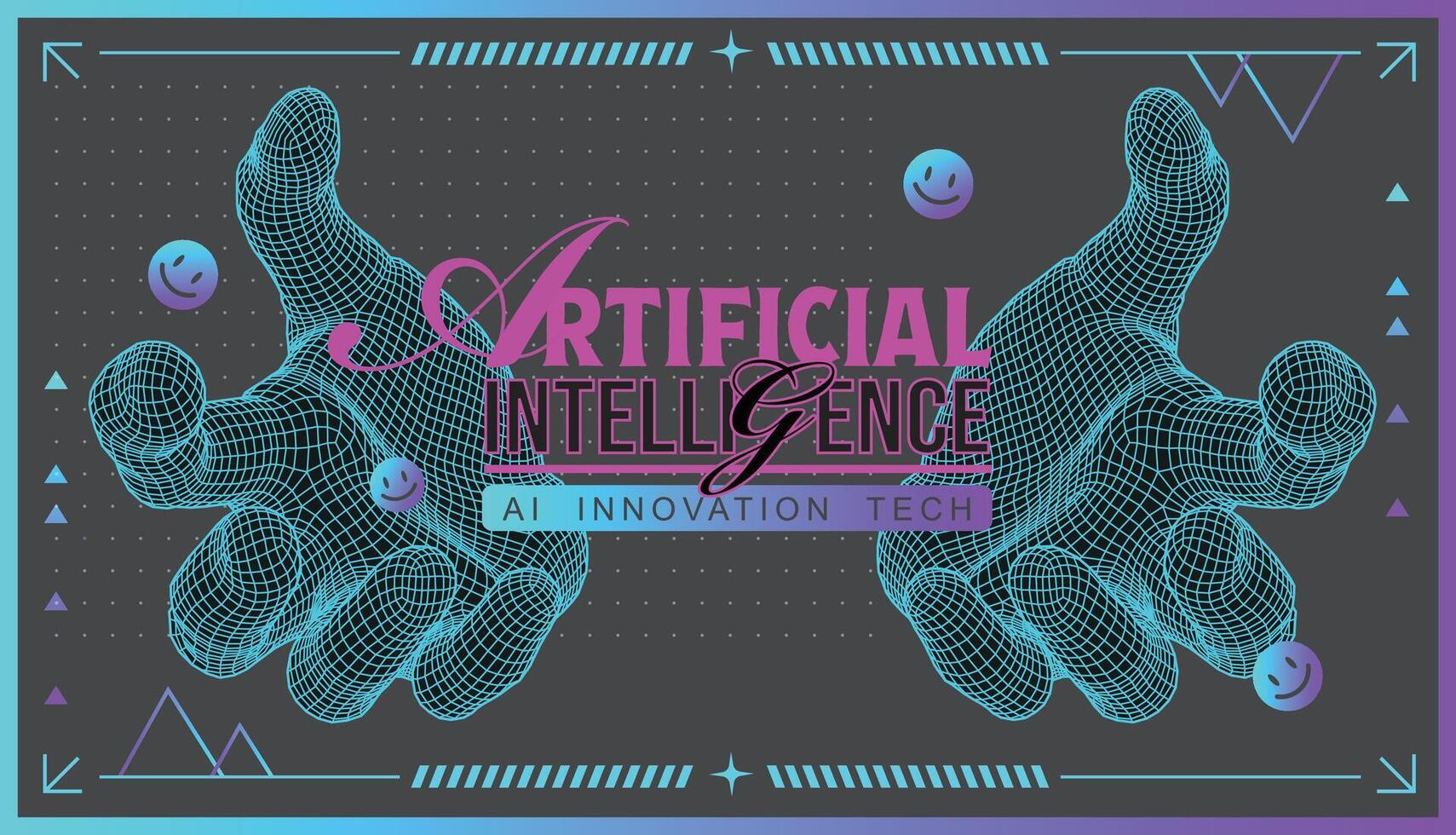 Artificial Intelligence AI innovation banner with cyan wireframe hands and neon typography in trendy Acid Graphics Y2K style. Futuristic cyberpunk 3D mesh background for digital technology concept vector