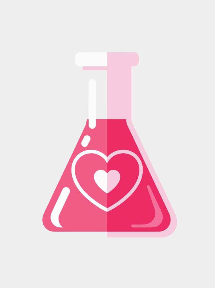 Pink potion in flask with heart symbol, love elixir concept vector