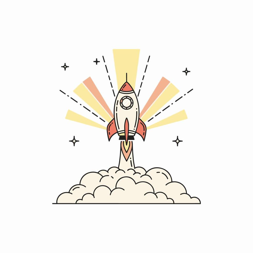 Rocket Launching Through Clouds With Rays Of Light vector