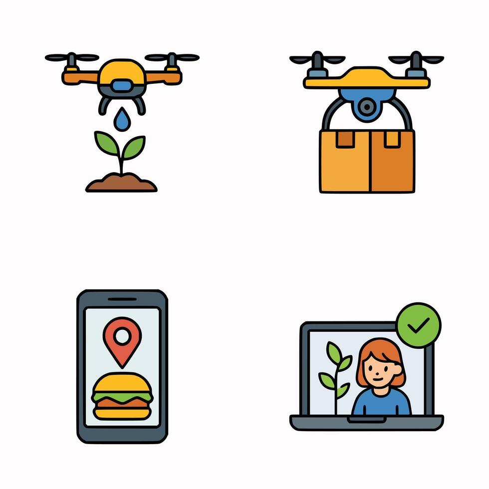 Set of modern icons showing drone irrigation, package delivery, food tracking app, and online identity verification system vector