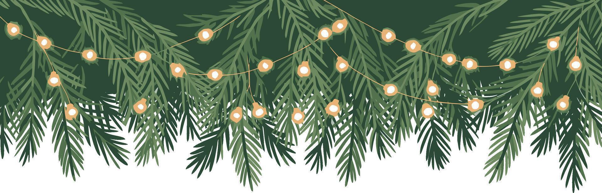 Green pine branches with string lights border vector
