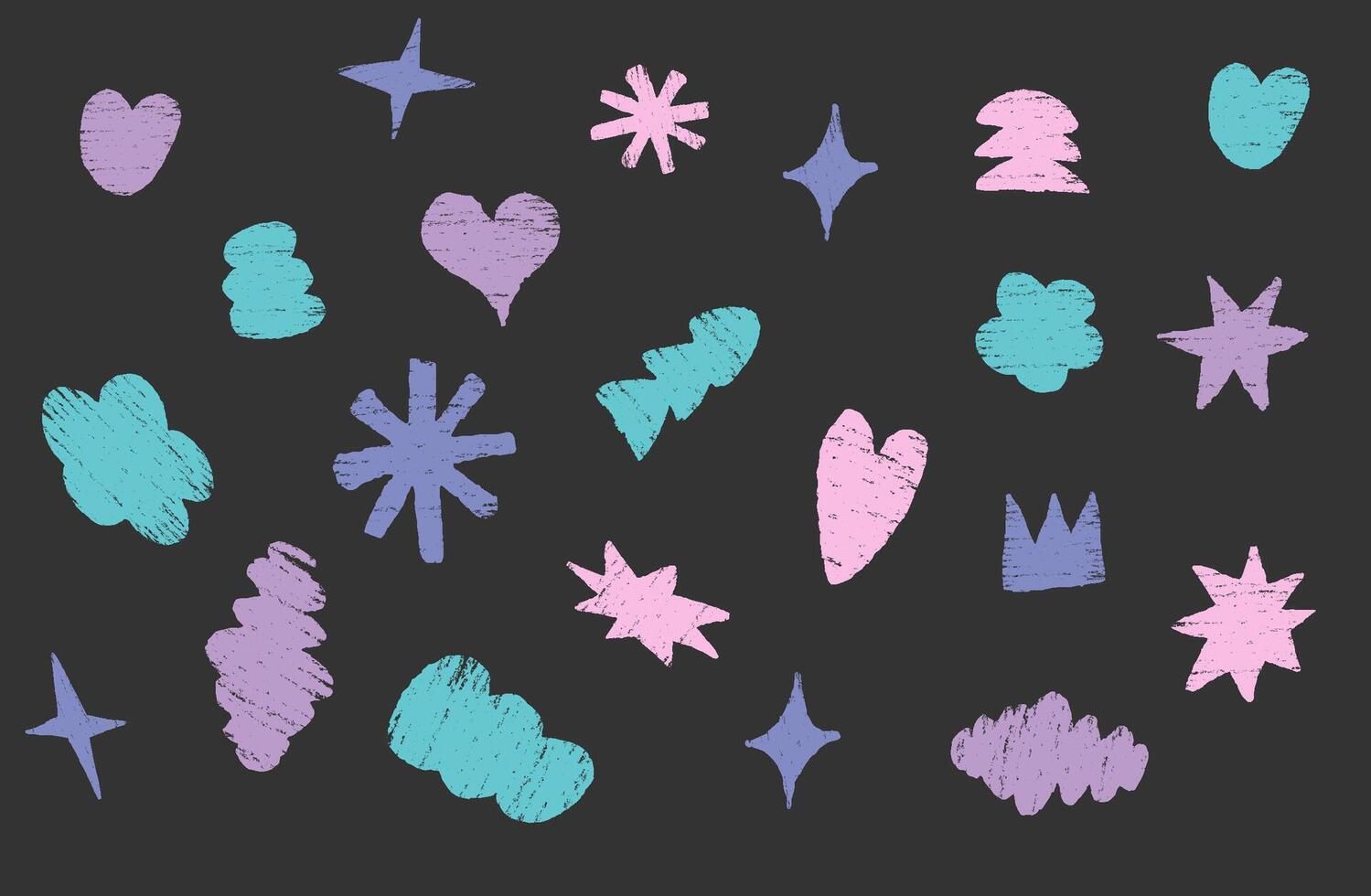 Playful collection of childish shapes drawn with crayon, featuring stars, arrows, circles, squiggles and simple geometric forms. Naive hand-drawn elements in quirky, fun style. Abstract vector