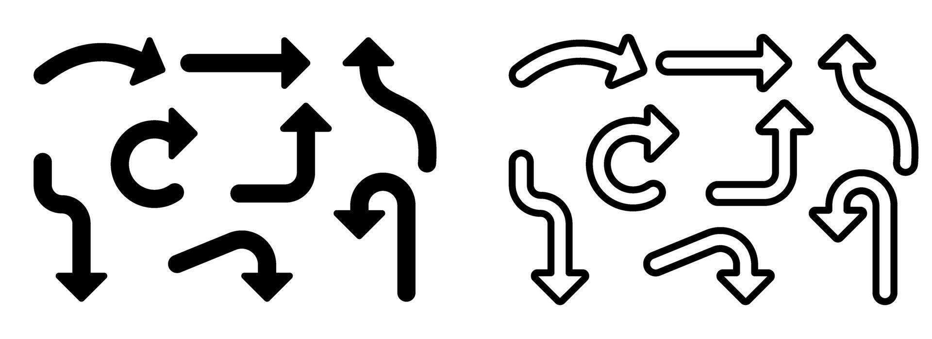 flecha icono conjunto presentando curvo, derecho, serpenteado y direccional flechas en limpiar mínimo estilo. versátil diseño elementos para interfaces, navegación, ui ux proyectos, infografía, gráfico diseño utilizar vector