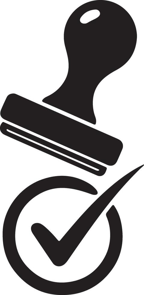 Approved rubber stamp icon with checkmark symbol illustrating success, validation, quality assurance, and completed tasks on white background vector