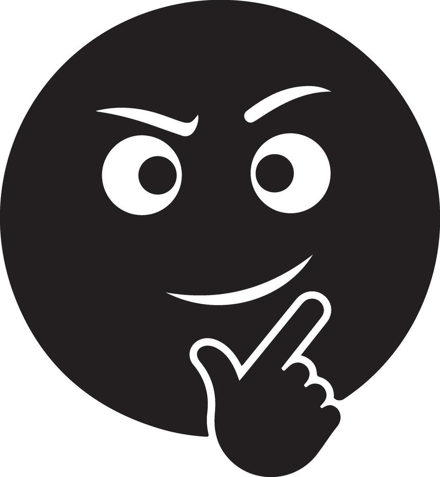 Contemplative emoticon with furrowed brows and finger on chin, symbolizing deep thought, reflection, questioning, and problem-solving icon. vector