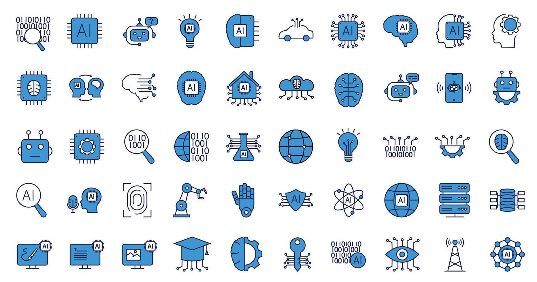 artificial inteligencia íconos colocar. íconos en línea estilo. neural, red, automatización, tecnología, virtual, aprendiendo, asistente, máquina, robot, bot, cerebro y más. vector