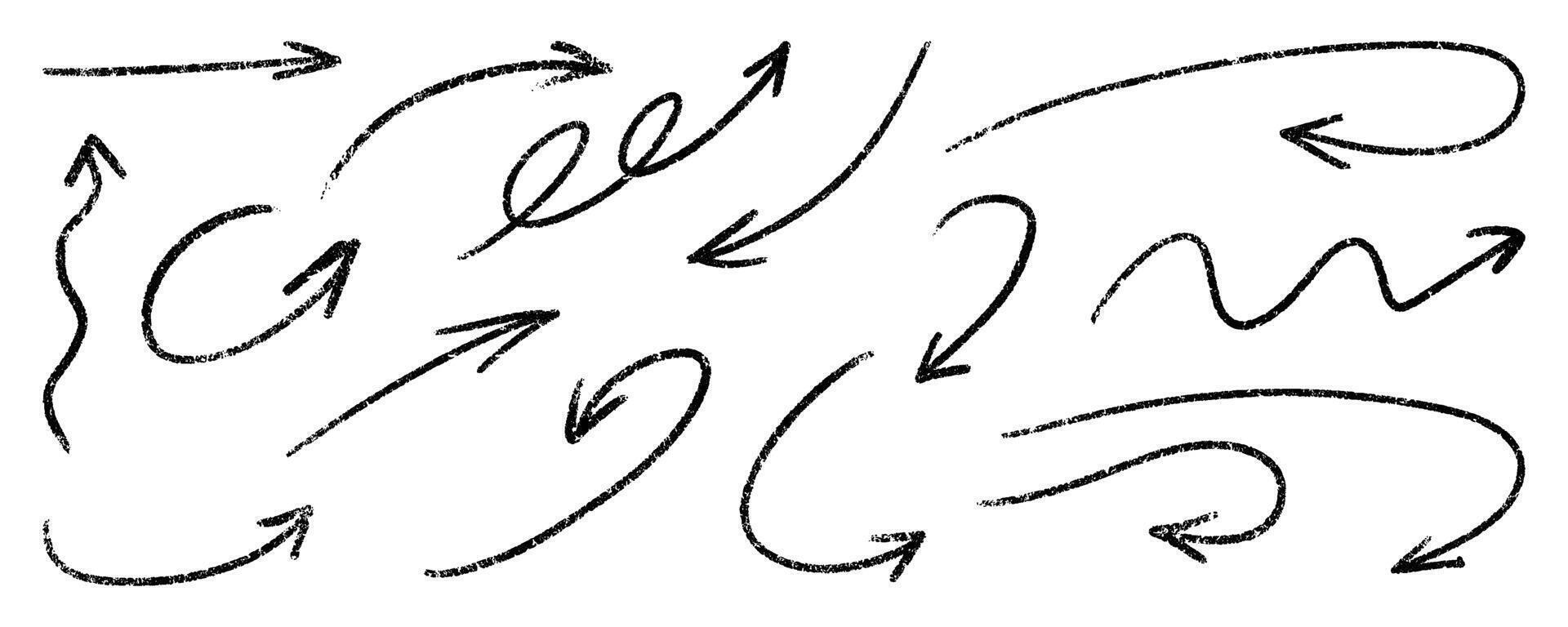 Crayon doodle curved arrows set. charcoal sketch dynamic pointers for highlight notes, navigation UI and presentation infographics. Scratched lines, swirls and waves create marker arrow bundle vector
