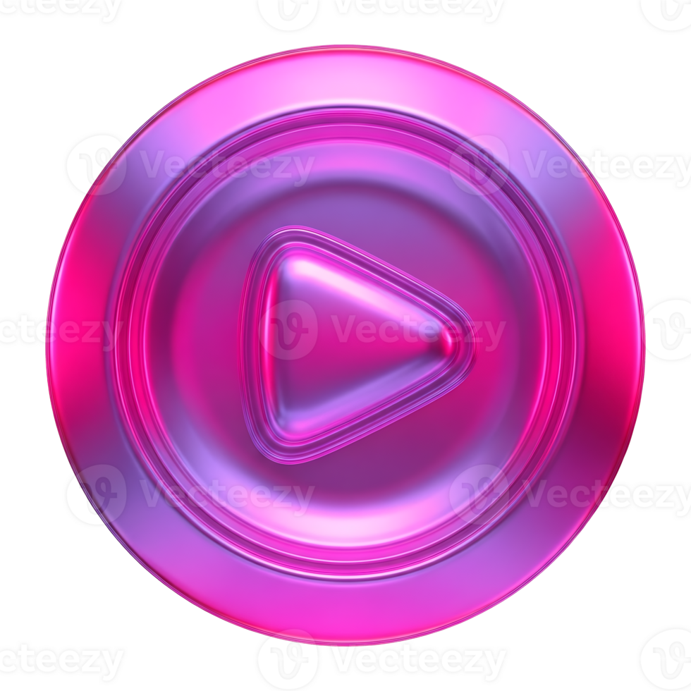 3D glossy play button icon with pink and purple gradient, concentric circular rings, transparent background, modern UI element png