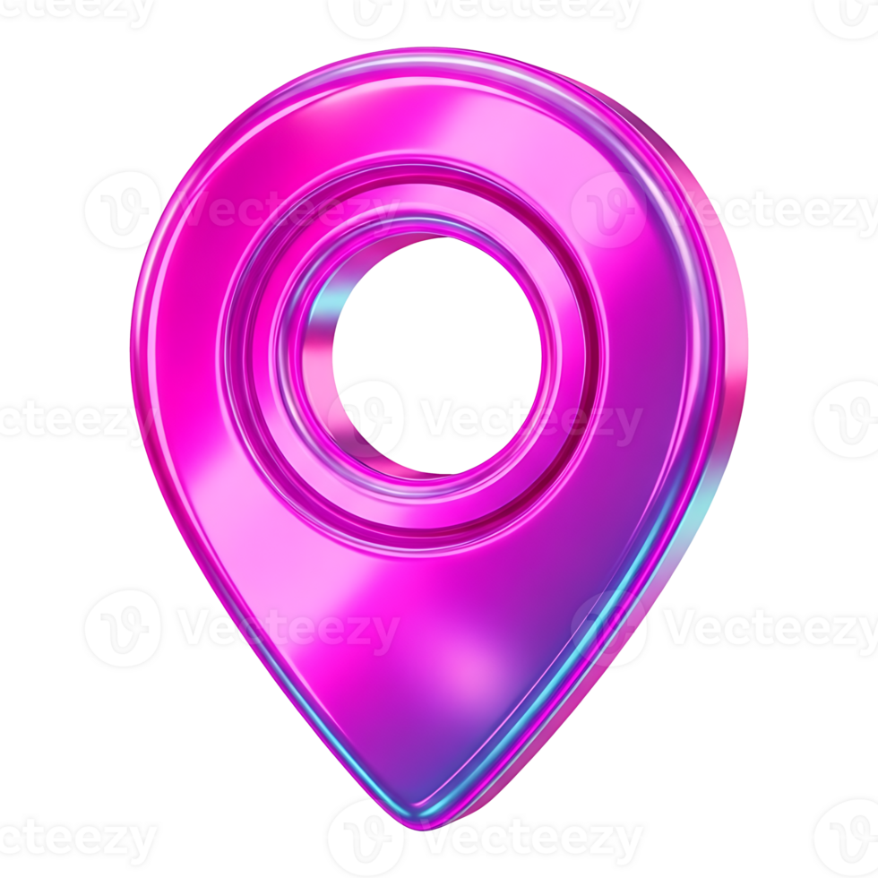 3D map pin location marker icon in glossy pink purple holographic gradient, navigation pointer with circular center, GPS symbol png