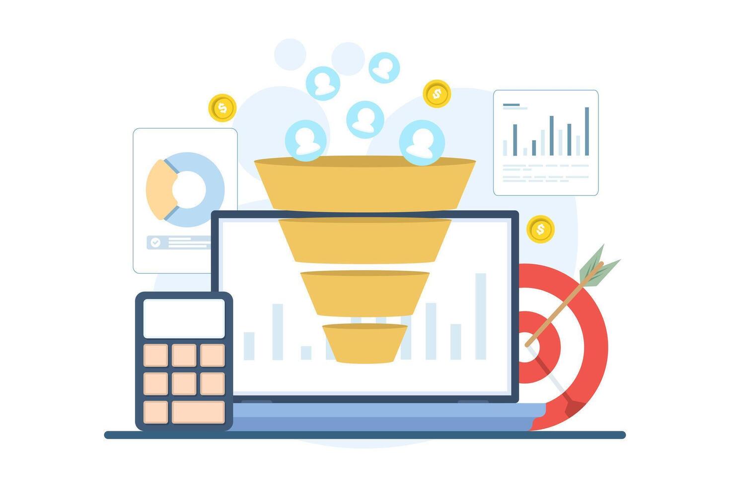 illustration of a laptop displaying lead generation funnel analytics, complete with data insights, user profile charts, and target icons for efficient business performance and conversions. vector