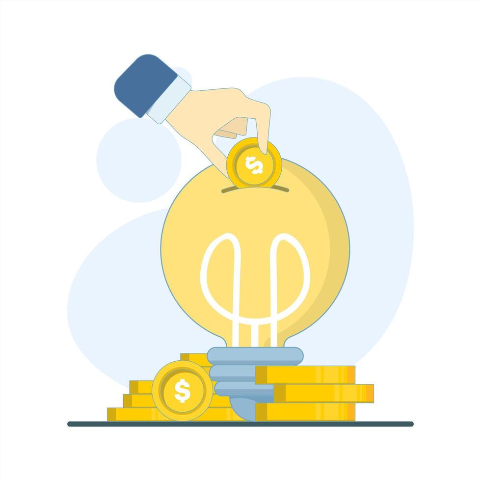 illustration of a hand inserting a coin into a light-bulb savings bank, representing the idea of investment, innovation development, and smart financial planning for business visuals. vector