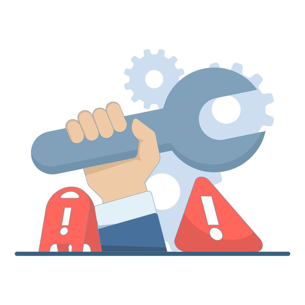 Illustration showing a wrench in hand with gears and a caution symbol, representing repair tasks, system maintenance, and risks of errors during mechanical work. vector