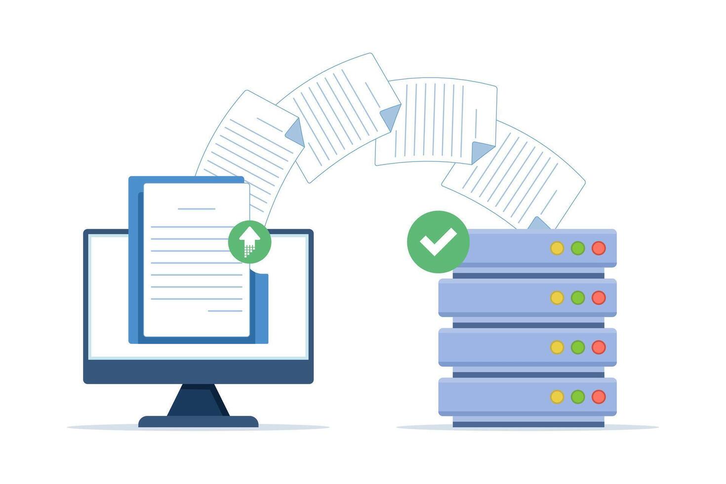 illustration showing secure file transfer from PC to cloud server, modern backup data concept, safe document storage technology for business and creative use. vector