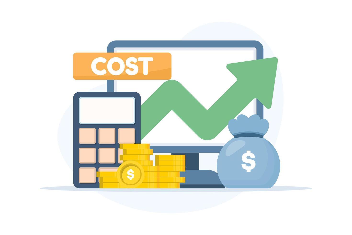 Cost and fee spending increase shown with an upward arrow. illustration of financial growth, business expense changes, investment progress, and budget analysis with calculator and PC. vector