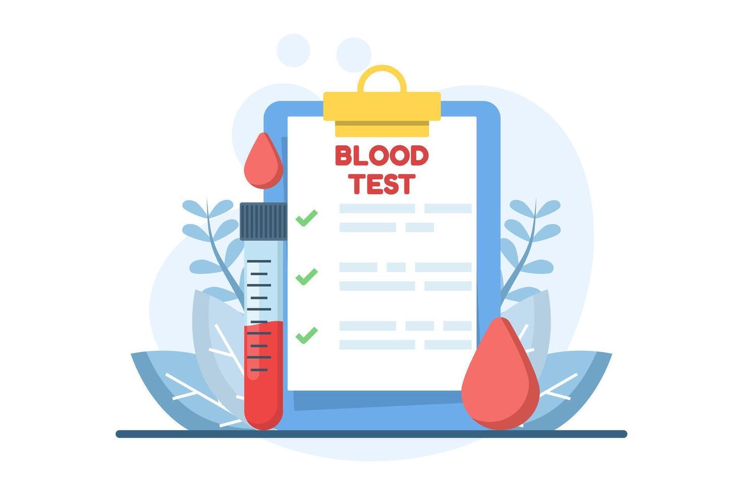 illustration of blood test results displayed on a results board and medical form, representing laboratory diagnostics, clinical examinations, and healthcare documentation. vector