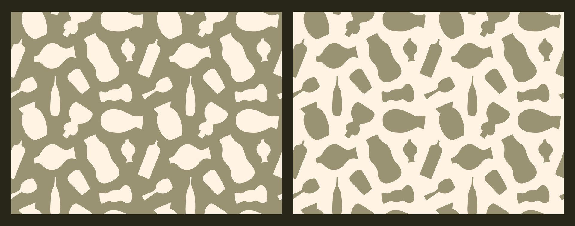 Set of two seamless boho patterns featuring abstract organic vase and pottery shapes on sage green and beige backgrounds vector